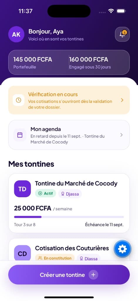 Accueil Tontine : portefeuille, agenda et tontines en cours
