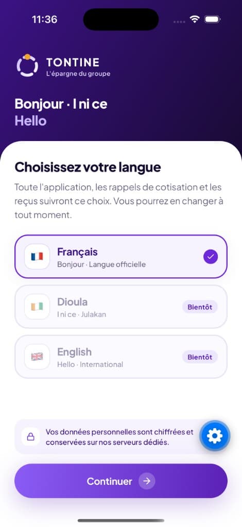 Choix de langue et mention de chiffrement