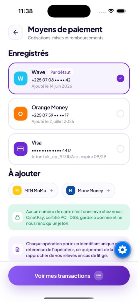 Moyens de paiement enregistrés