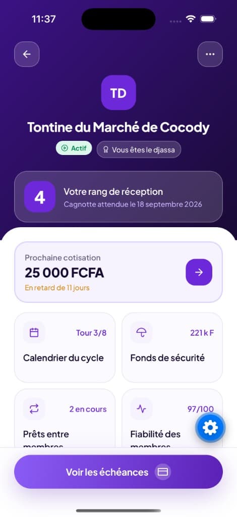 Fiche d'une tontine : rang de réception, prochaine cotisation et fonds de sécurité
